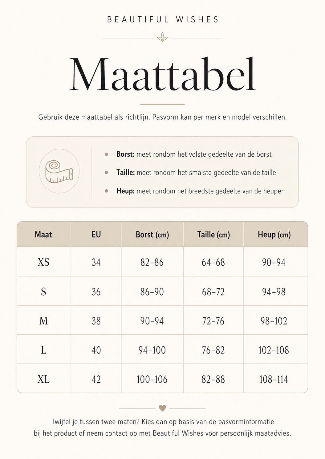 Beautiful Wishes maattabel met maten XS tot en met XL en borst-, taille- en heupmaten in centimeters